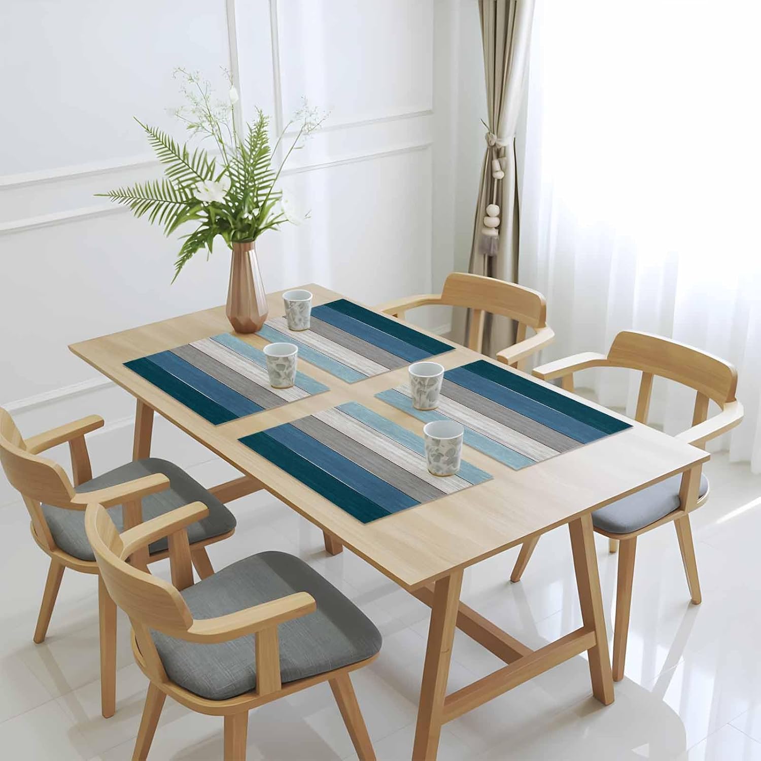 Vandarllin Placemats Set of 6, Retro Rustic Barn Wood Texture Polyester Stain Resistant Table Mats Washable Placemat Decoration for Kitchen Dining Table Ombre Blue Gray Ocean Hues