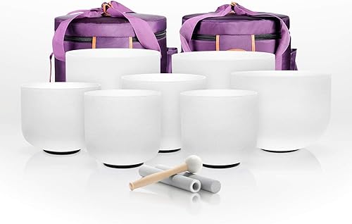 TOPFUND Juego de 7 cuencos cantantes de cristal de 6 a 12 pulgadas de 432 Hz con fundas de transporte y mazos