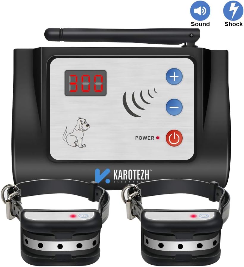KAROTEZH Electric Dog Fence Wireless pet Containment System, 100% Safe & Easy to Install Pet Fence, Beep/Shock Dog Fence, Adjustable Control Range, for 2 Dogs Rechargeable & Waterproof Collars