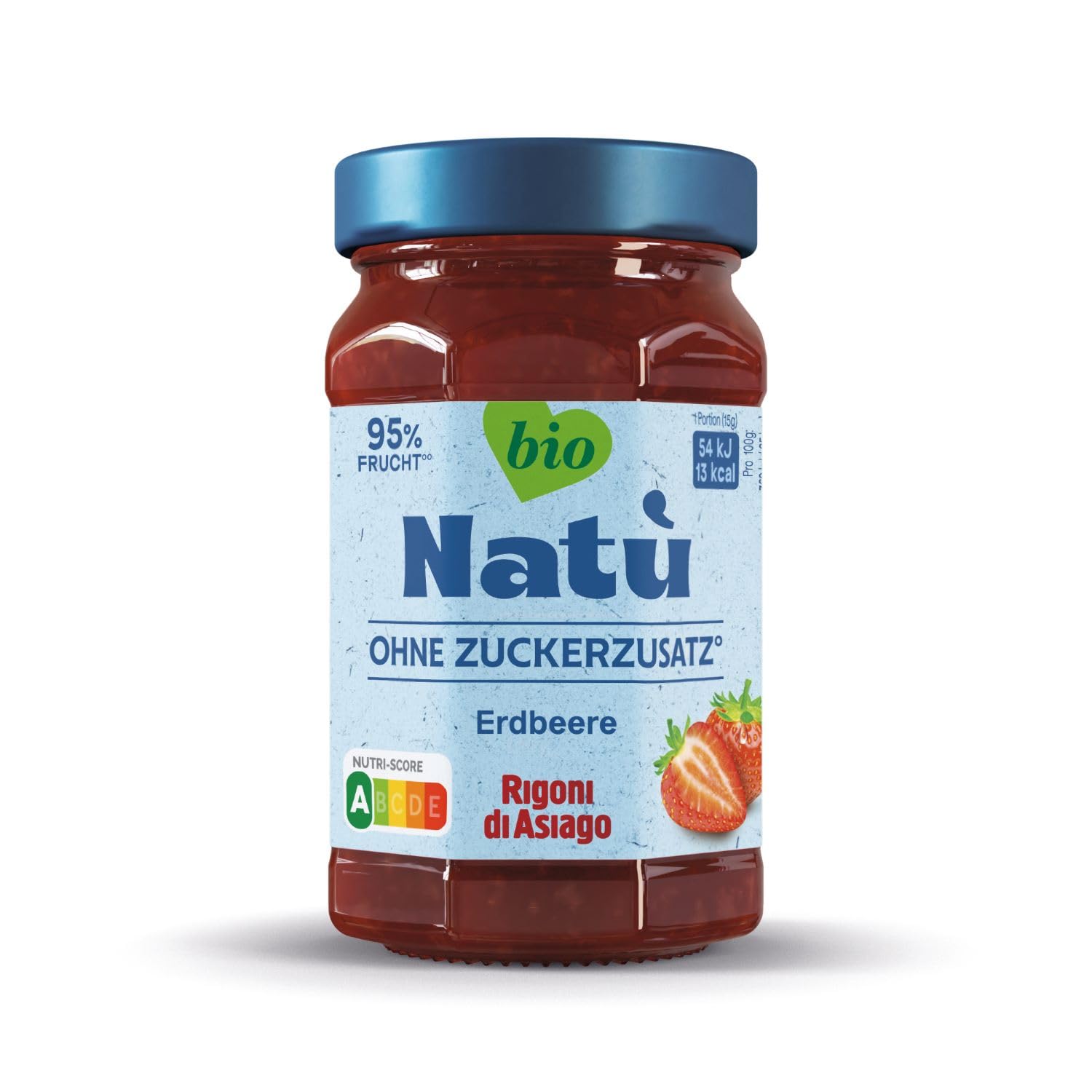 Rigoni di Asiago, Natù Bio-Marmelade ohne Zucker-Zusatz (1x240g), Fruchtaufstrich ohne Zuckerzusatz – 95% Fruchtanteil, kalorienarm, Nutri-Score A, mit Erythrit gesüßt (1 x 240g, Erdbeere BIO)