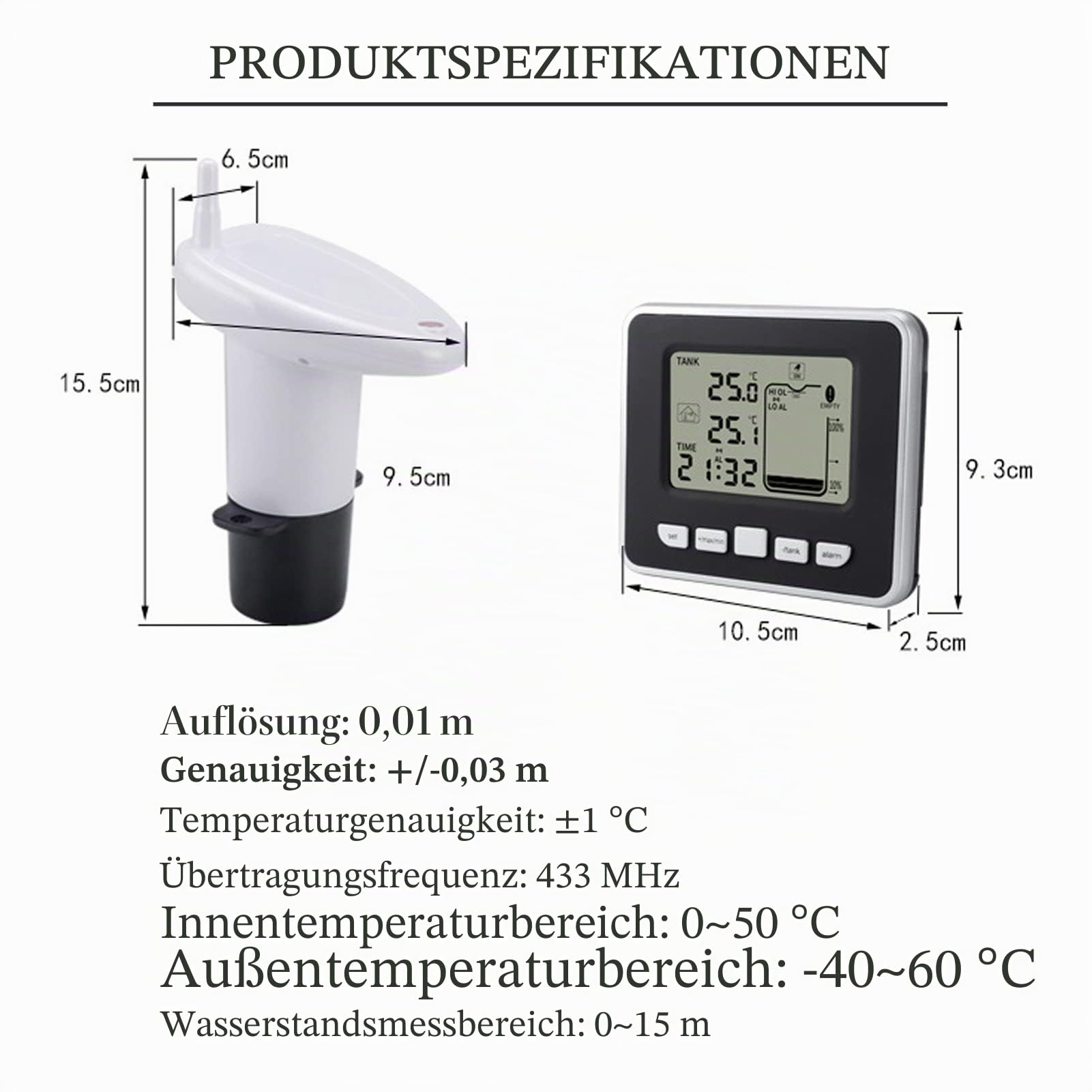 Ultraschall Wasserstand Sensor Sensor Funk Flüssigkeitssensor Wasserstand Wasserstand Wasserstand Sensor mit Temperaturanzeige