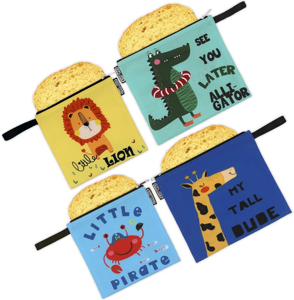 CHAUDER Reusable Snack & Sandwich Bags - Set of 4 – Eco Friendly, FDA Certified, Dishwasher Safe, Easy to Clean & Quick Drying - Smooth Open Zipper - For Kids To School (Zoo Party)