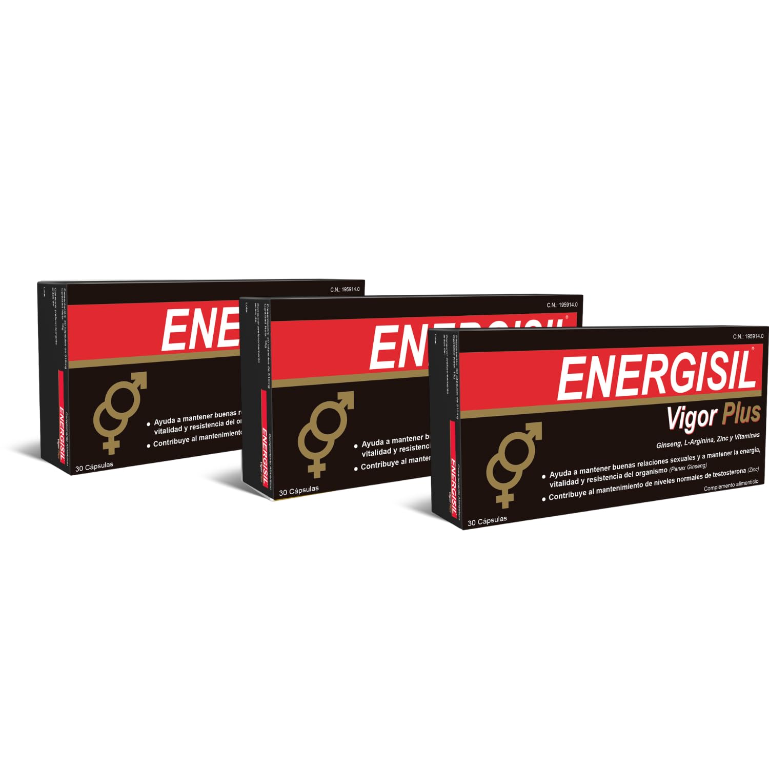 Energisil Vigor Plus 30 Cápsulas - Pack de 3 Unidades - Tratamiento para 1 Mes y Medio - con Ginseng, L-Arginina, Vitaminas y Zinc – Ayuda a Mantener la Vitalidad y al Rendimiento Sexual Masculino