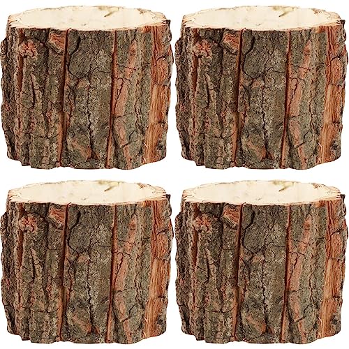 Yardwe Pack of 4 Wooden Bark Flower Pot, Tree Trunk Succulent Planter, Farmhouse Tree Stump Planter, Cactus Pot