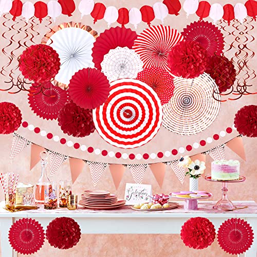 Image of Moon Boat 35PCS Party Decorations Paper Fan Hanging Set - Birthday,Wedding,Baby Shower,Circus,Festival Decor (Red)