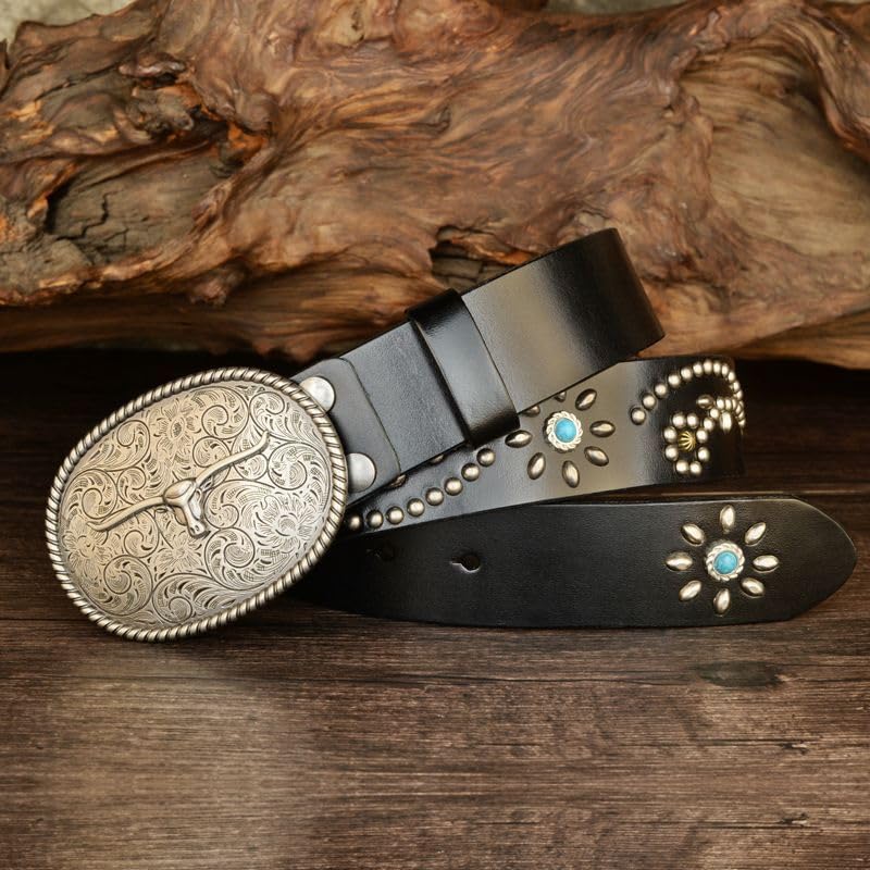 Western Cowboy Cowgirl Belt, Longhorn Bull Buckle Belt Turquoise Studded Leather Belt for Jeans Pants Dresses2