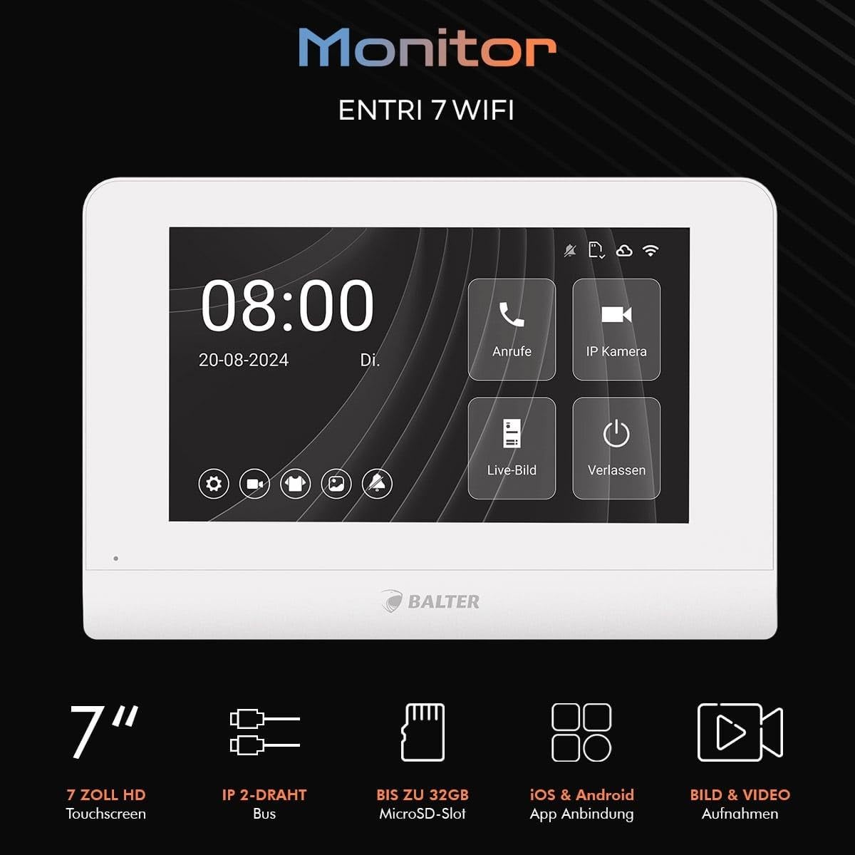 Balter ENTRI L Video Doorbell Unterputz Türklingel mit Kamera und 1x 7 Zoll Touchscreen HD WLAN Monitor, kabelgebunden Türsprechanlage mit Interkom WiFi Mobile App für 1 Familienhaus Set