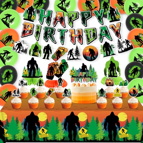 Decoraciones de fiesta de pie grande, suministros de fiesta de cumpleaños de Bigfoot incluyen pancarta de feliz cumpleaños, adornos para tartas, centros de mesa de panal, mantel y globos para hombres