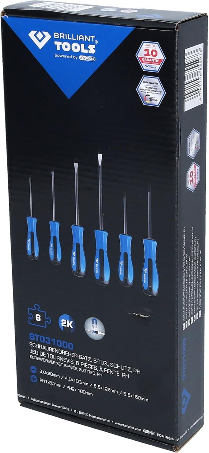 BRILLIANT TOOLS BT031000 Screwdriver Set, 6 Pieces, Slotted, PH Phillips [Powered by KS Tools]