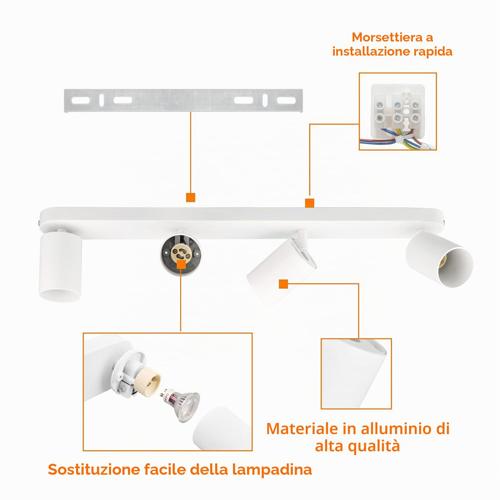 KYOTECH Faretti da soffitto orientabili a 4 luci Plafoniera LED Attacco GU10,Per 4 lampadine GU10 non incluse, Lampadario moderno per Camera Faretti Orientabili Parete Lampadine Bianco opaco