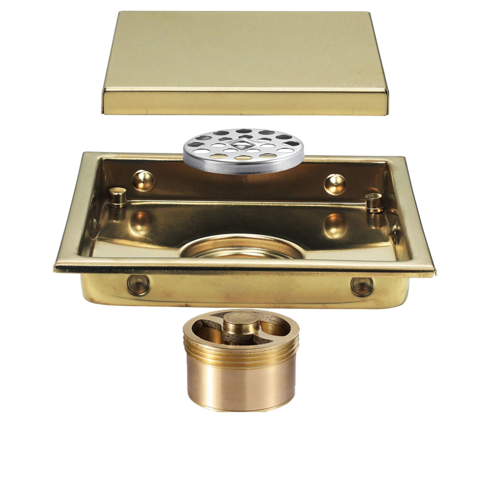Bodenablauf aus Edelstahl, Quadratischer Duschablauf 5,9 Zoll 304 Edelstahl Unsichtbar mit Haarfänger Multicolor(Brushed Gold)
