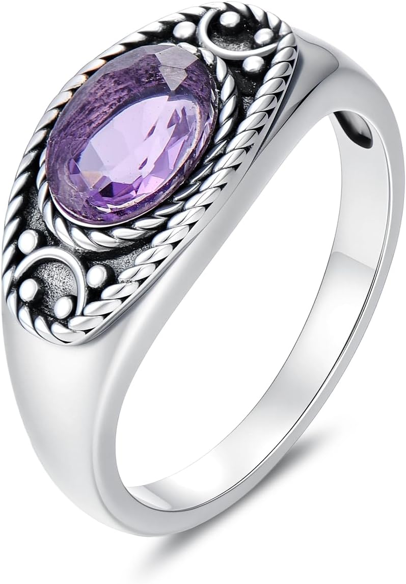 Natural Amethyst Vintage Rings for Women S925 Sterling Silver Retro Style Oval Gemstone Birthstone Statement Ring Jewelry for Mom Girlfriend Her in Size