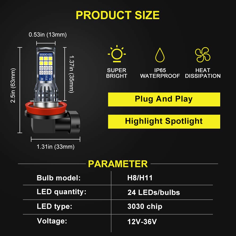 2 x H8 / H11 Lampadine fendinebbia a LED bianco&blu 24SMD 3030 Chip 2 lampadine a LED H8 a colori per fendinebbia Luci di marcia diurna DRL 12V