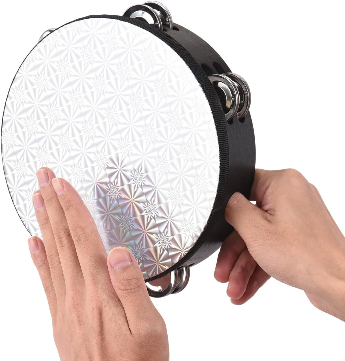 HUIOP Tambourine,8-Inch Wooden Radiant Tambourine Handbell Hand Drum with Double Row Jingles Reflective Drum Head Musical Percussion Instrument