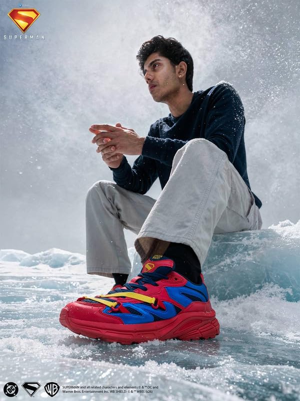 Image of Bacca Bucci Men's Superman Inspired Chunky Sneakers | Casual Sports Shoes with Mesh Panels, Bold Red Blue Yellow Colorway, Statement Streetwear Lace-Up Shoes