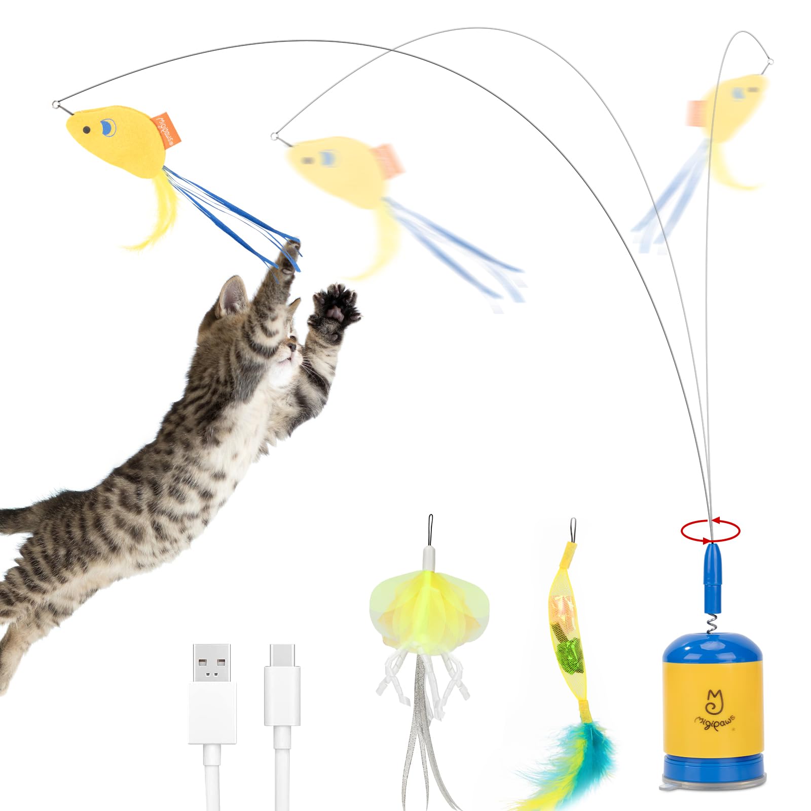 Migipaws Interactive Automatic Cat Teaser Wand Toy with Strong Suction Cup, 70cm Flexible Wire &amp; DIY Bending Design, Rechargeable Cat Exercise Toy with Auto Timer for Indoor Cats (Blue)