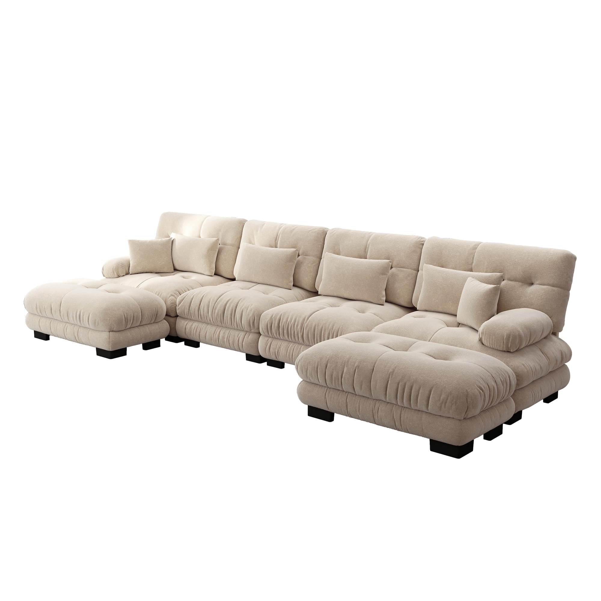 Divano angolare modulare, set divano a forma di U per soggiorno, 4 posti, comodi divani cloud con pouf mobile, combinazione fai da te, caffè leggero, ciniglia marrone chiaro