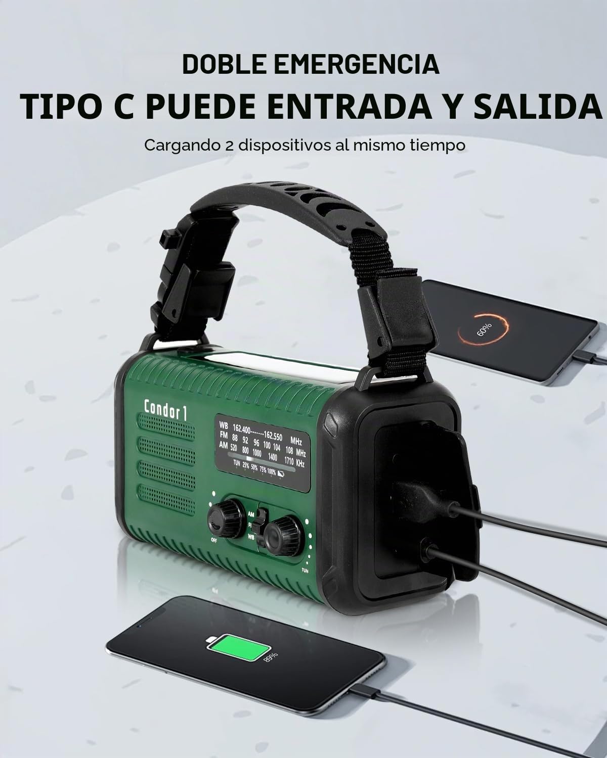 Radio Kurbel de 20000 mAh, radio de notificación solar portátil con amplificador AM/FM, alarma SOS, lámpara de luz LED y lámpara de bolsillo, notificación de caída (Verde militar)