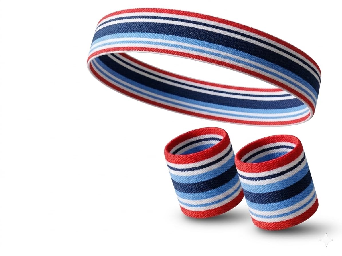 Striped Elastic Band Set, 1 Headband and 2 Wristbands, Red, White and Blue, Sports Band Set-image-20