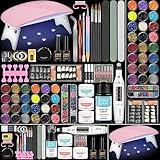 PEACECOLOR Kit de Uñas de Decoración para Principiantes 24pcs Glitter Polvo y Monómero Set con 6W Lámpara para Uñas Nail Art de Lima Uñas Electrica de Uñas Postizas Herramientas de Manicura Set