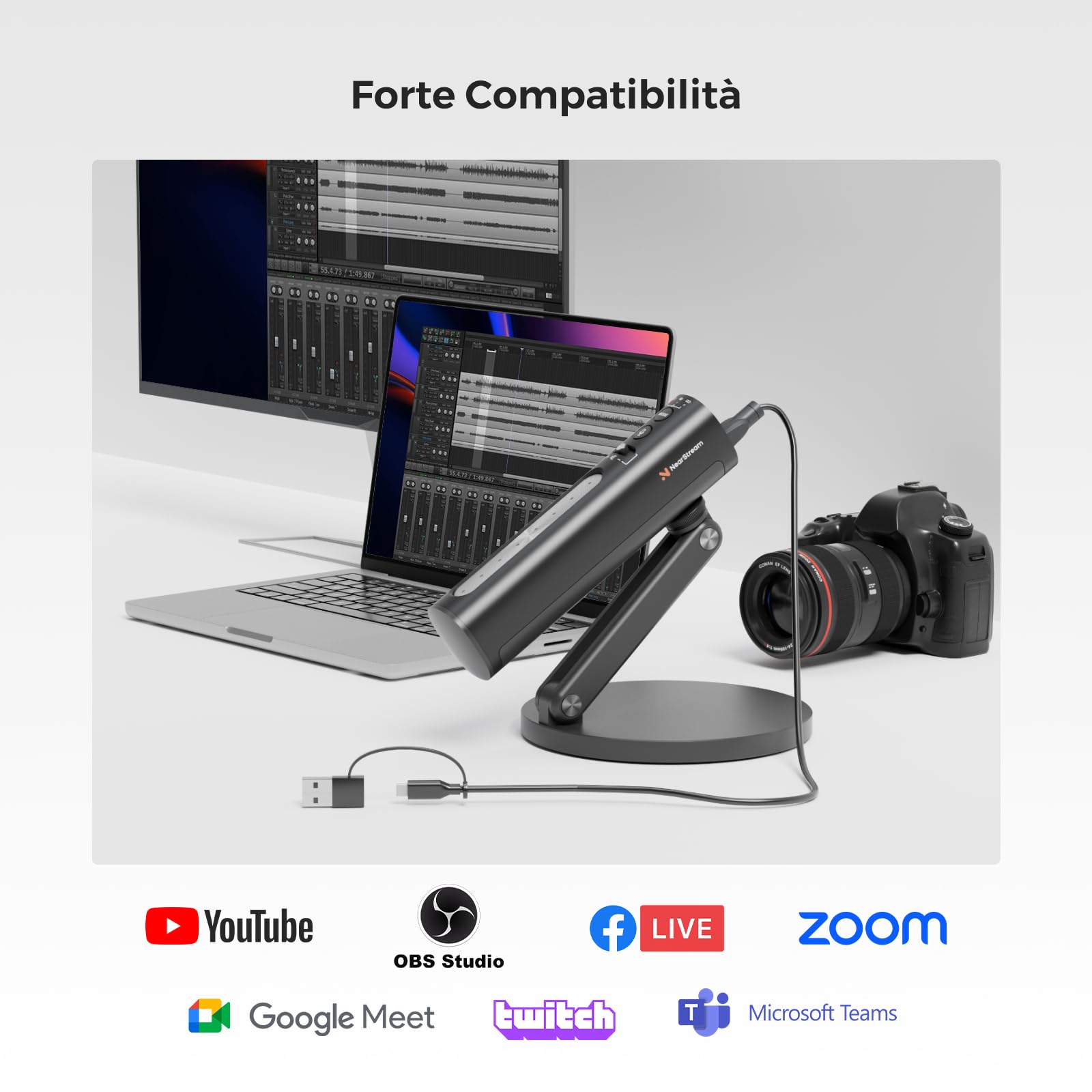 NearStream Microfono a condensatore USB per PC, fotocamera, microfono podcast per streaming/registrazione, microfono desktop con 8 microfoni/cancellazione del rumore/3 modelli polari/controllo