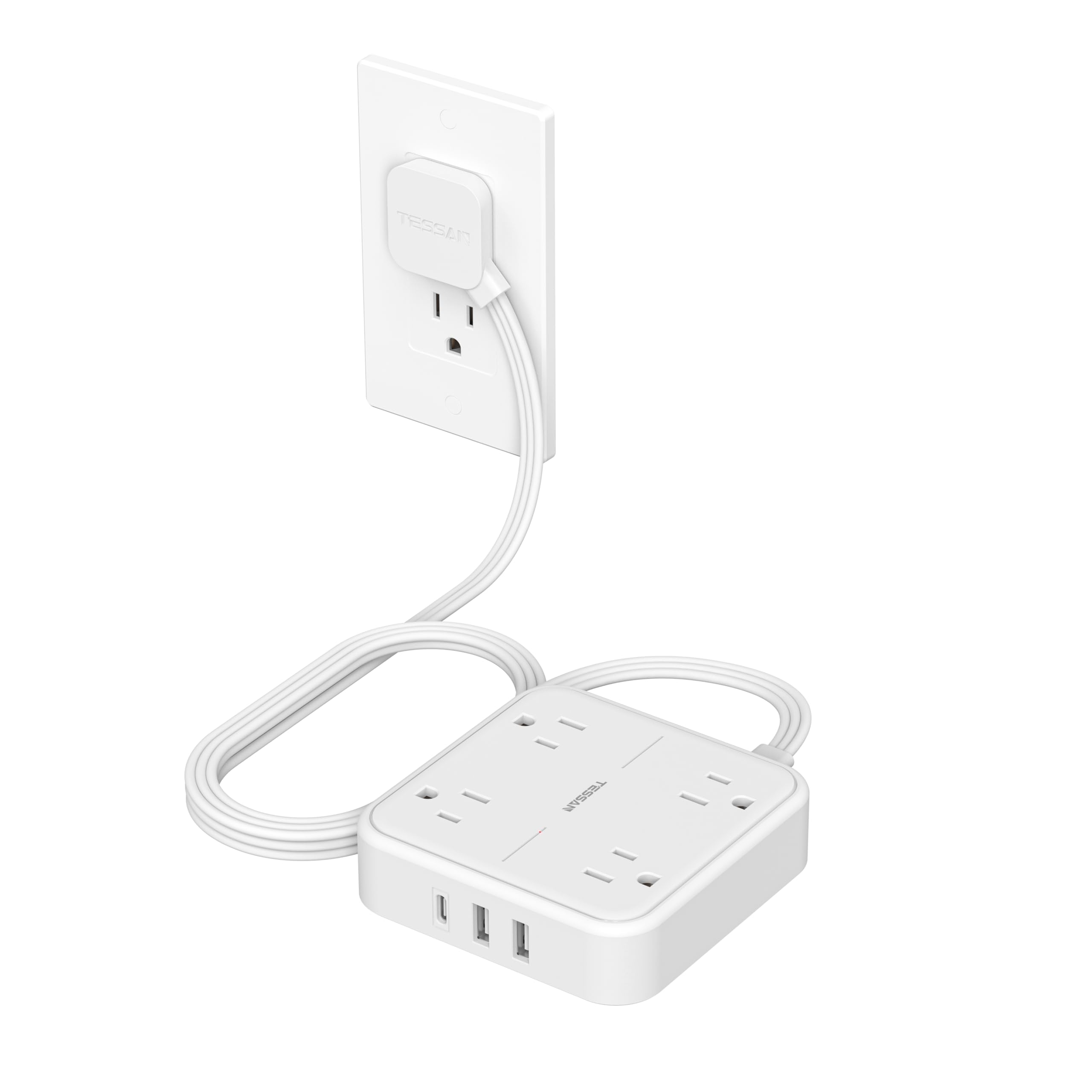 Surge Protector Flat Extension Cord 5FT, TESSAN Flat Plug Power Strip with 4 Outlets 3 USB C Ports (1 USB C), 900 Joules Protection, Multiple Wall Outlet Extender Suitable for Home Office Dorm, White