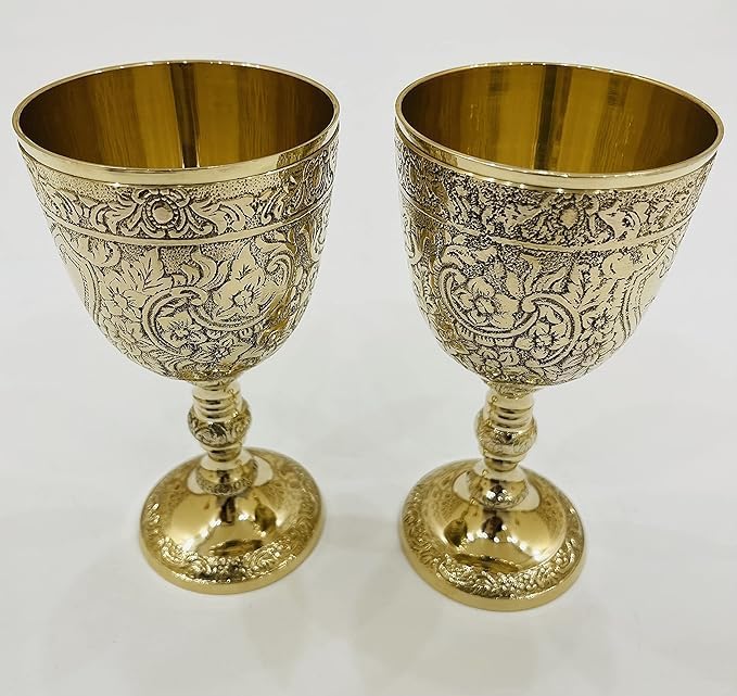 Marcos Vintage Hand-Made Brass King Royal's Chalice Embossed Cup 6" Goblet Glass Wine Glass (Pack of 1)