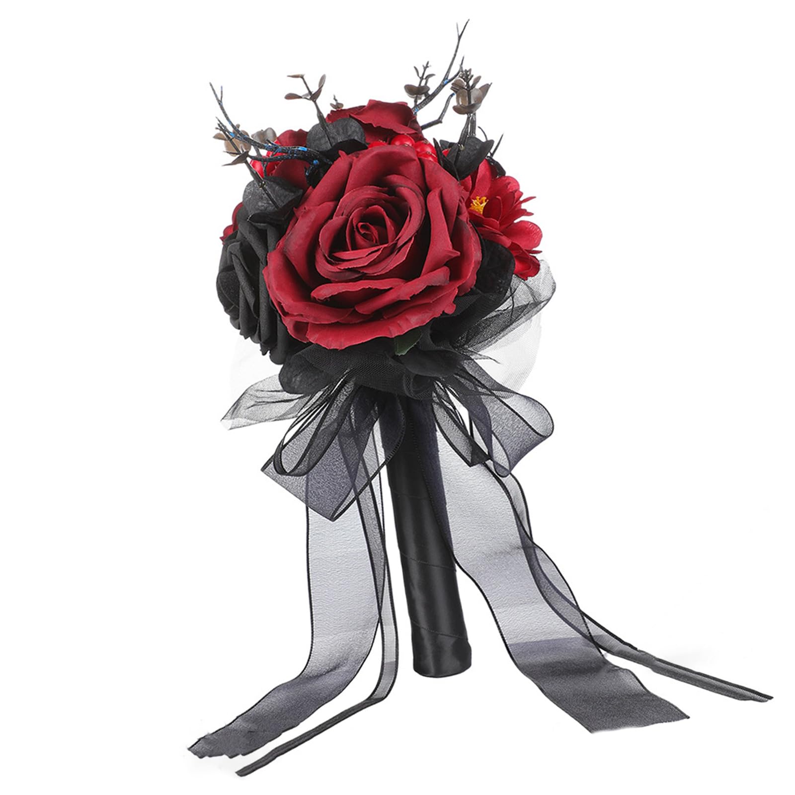 Artificial Wedding Rose Bouquet with Gothic Dark Theme Styling, Ribbon Tails and Handheld Display Accent for Decor Ceremony Bouquet Faux Floral Hand Dark Wedding Decor Dramatic Photo Display Event