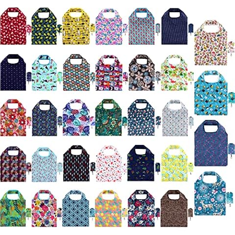 Shappy 34 Pcs Reusable Floral Grocery Bags Foldable Nylon Washable Extra Large Cute Flower Tote Bags with Attached Pouch for Women Shopping Supplies Cover