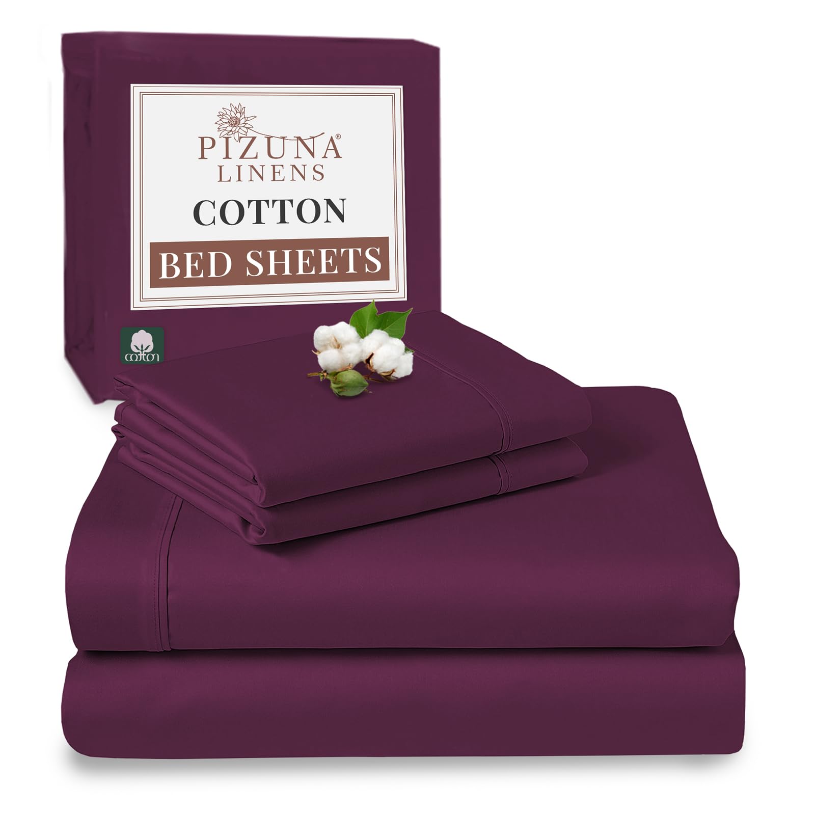 Pizuna Berry Plum 100% Cotton Super King Bed Sheet Set 400 Thead Count Long Staple Cotton Bedding Set 300X280 Cm, Soft Sateen 4 Pc King Bed Sheet Set -Fitted Sheet, Flat Sheet & 2 Pillowcases