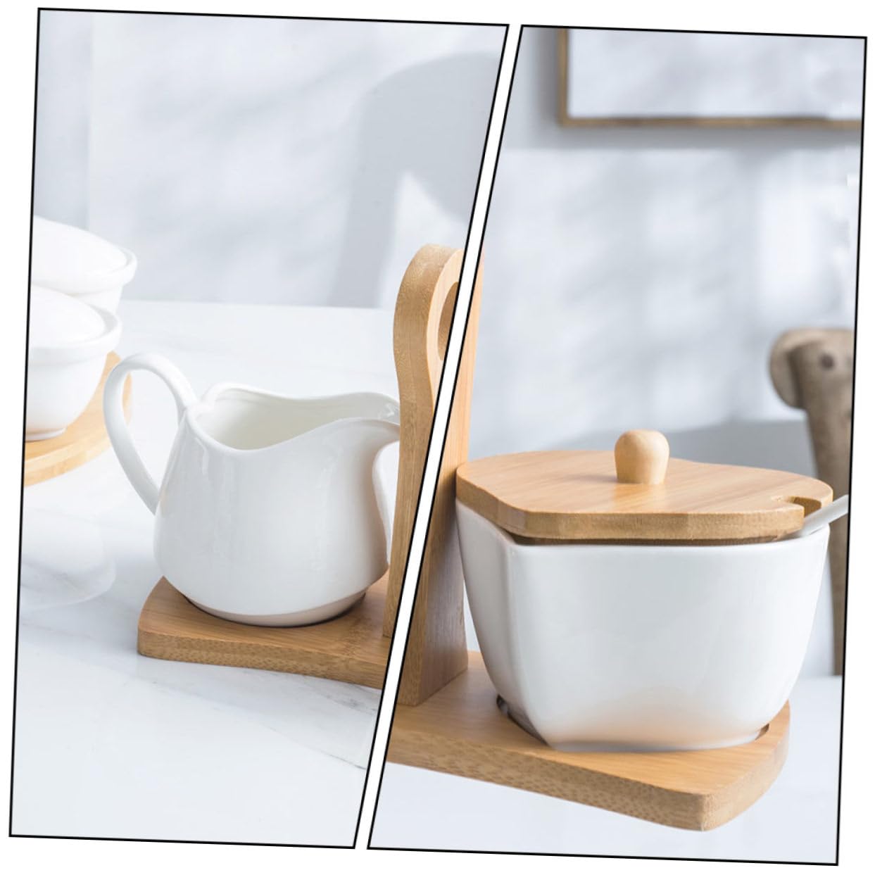 ULTECHNOVO Sucrier Céramique Blanc avec Pot à Lait et Set Rangement Cuisine avec Poignée en Bois Design Simple et Compatible Four Micro-ondes Décoration pour Maison