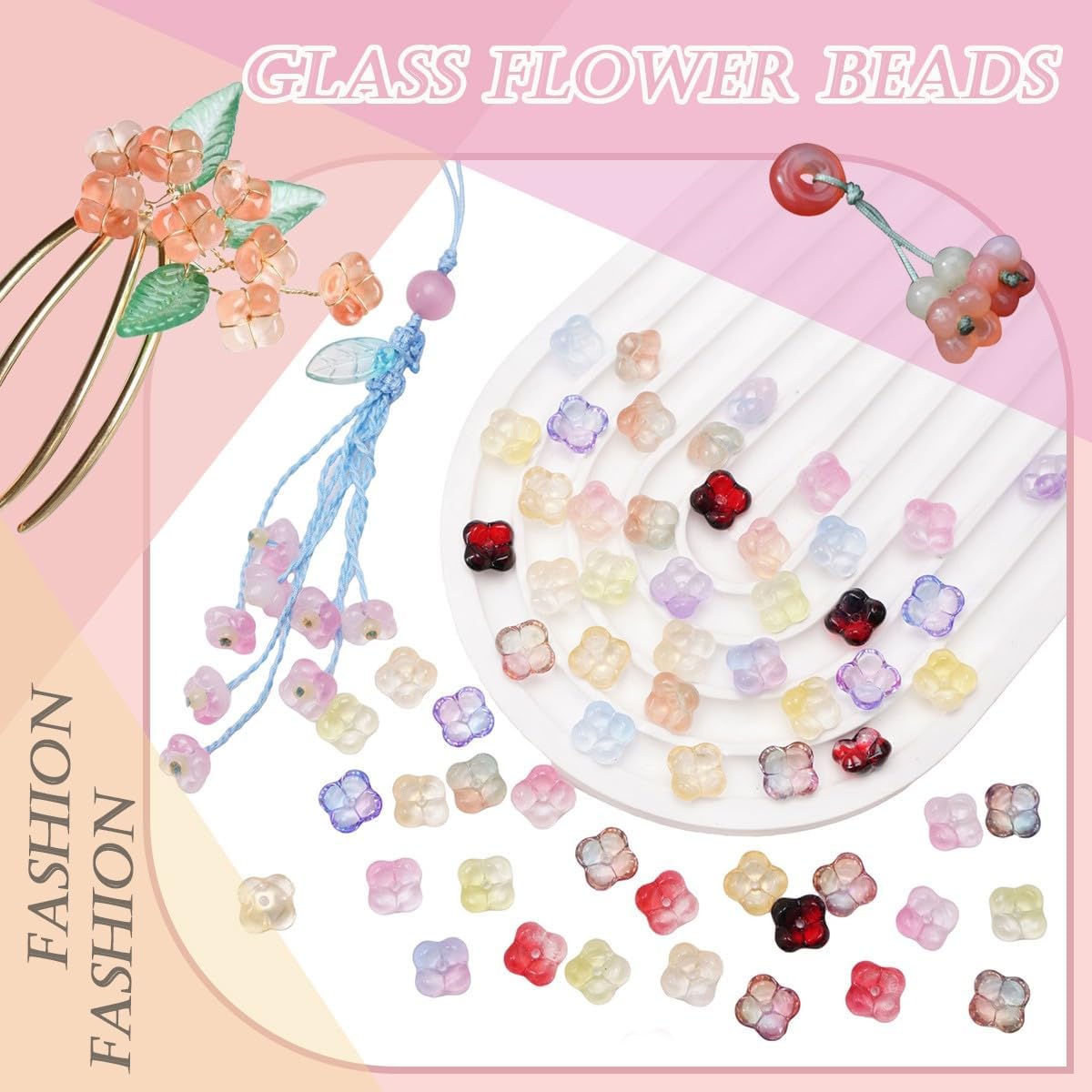 100PCS Glass Flower Beads for Jewelry Making 4 Petal Flower Bead Caps Gradient Cute Floral Beads Aesthetic Charms for Necklace Bracelets Earrings DIY Craft Home Decoration-Colorful - Image 5