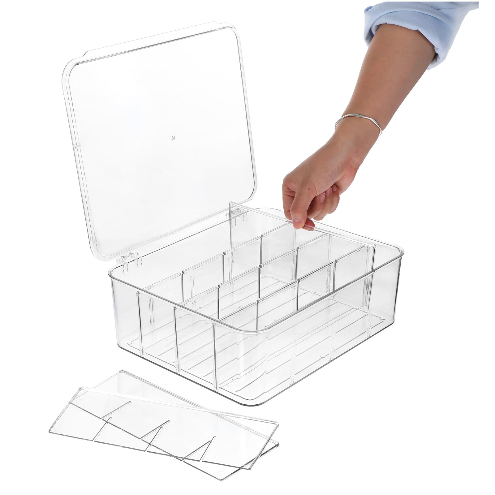 AojSup 16-Compartment Socks Organizer for Drawer - Clear Plastic Sock and Underwear Drawer Organizer with Removable Dividers & Dustproof Lid (12 x 10.2 x 4.1 Inches, PET Material)
