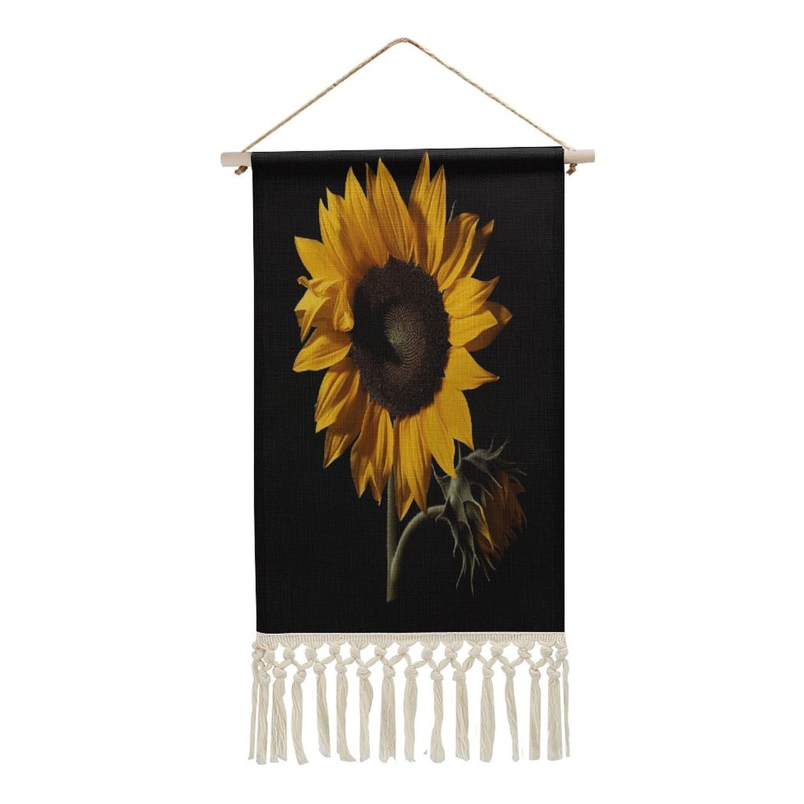 Adfgyerh Style Sunflower Black Background Tapestry With Tassels Cotton And Linen Hanging Posters, Wall Art For Travel Gift, Wall Tapestry For Office Home Decor Bedroom Living Room Decor