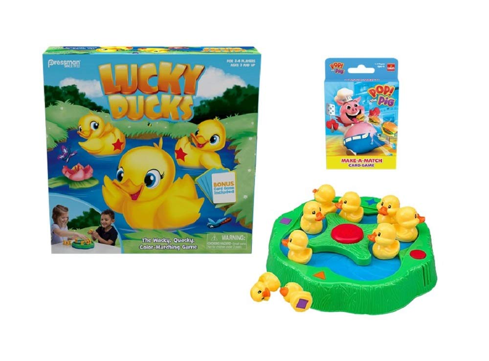 Pressman Lucky Ducks - Il gioco di memoria e matchmaking in movimento, include un divertente gioco di carte Pop The Pig Make-A-Match, multicolore