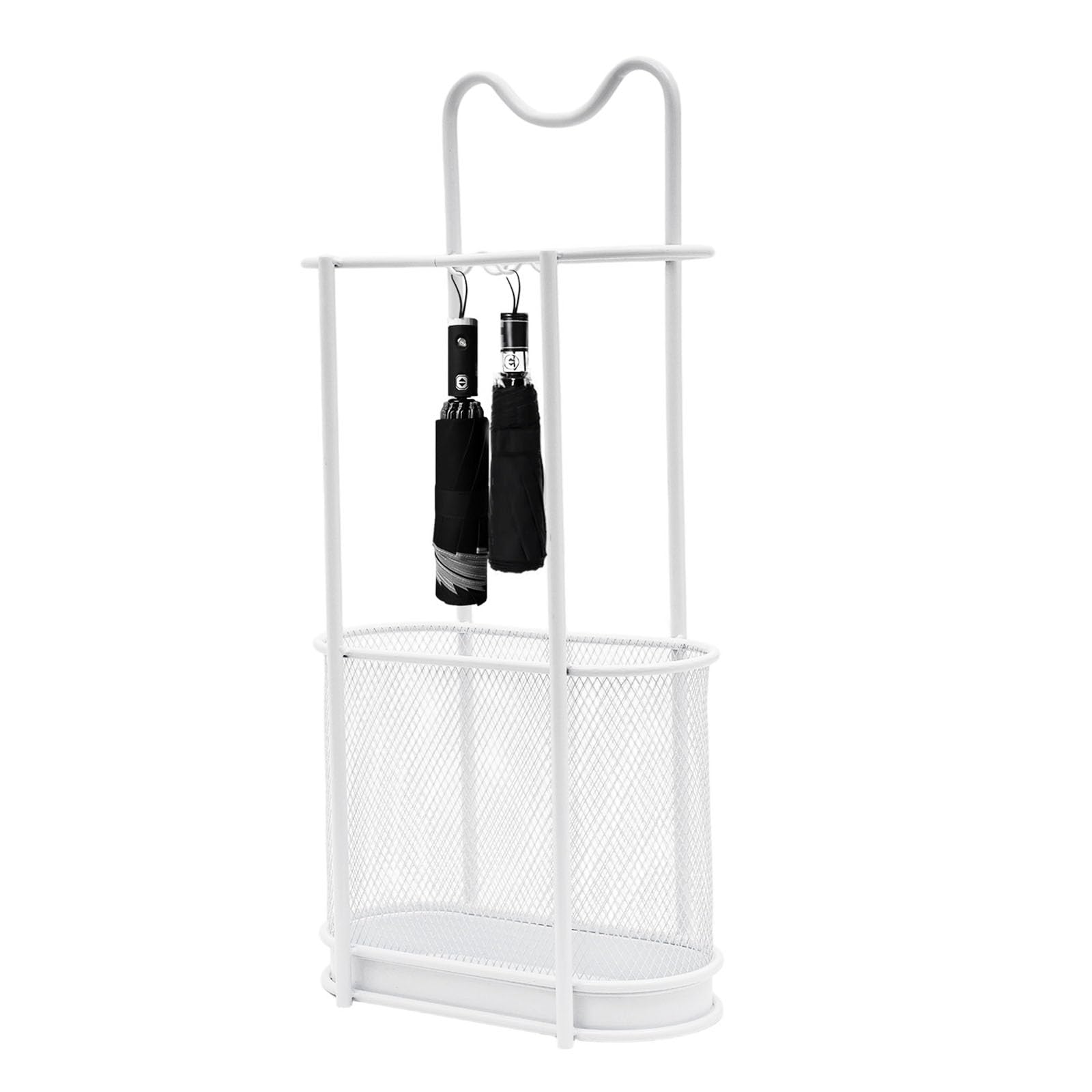 Paragüero de metal, soporte para sombrilla moderno con gancho y bandeja de goteo, organizador de bastones, 30 x 15 x 60 cm (blanco)