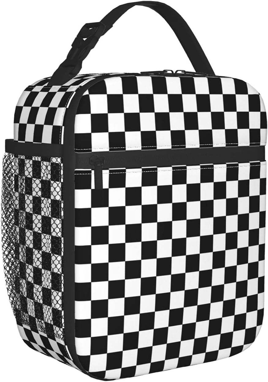 Insulated Lunch Bag Black White Racing and Checkered Pattern Reusable Cooler Tote Lunch Bags for School Office Travel