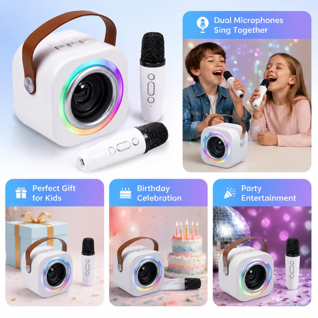 Mini máquina de karaoke para niños con 2 micrófonos inalámbricos, efectos divertidos de cambiador de voz, altavoz Bluetooth portátil con luces LED, soporte AUX/USB/TF, regalos de cumpleaños para niñas