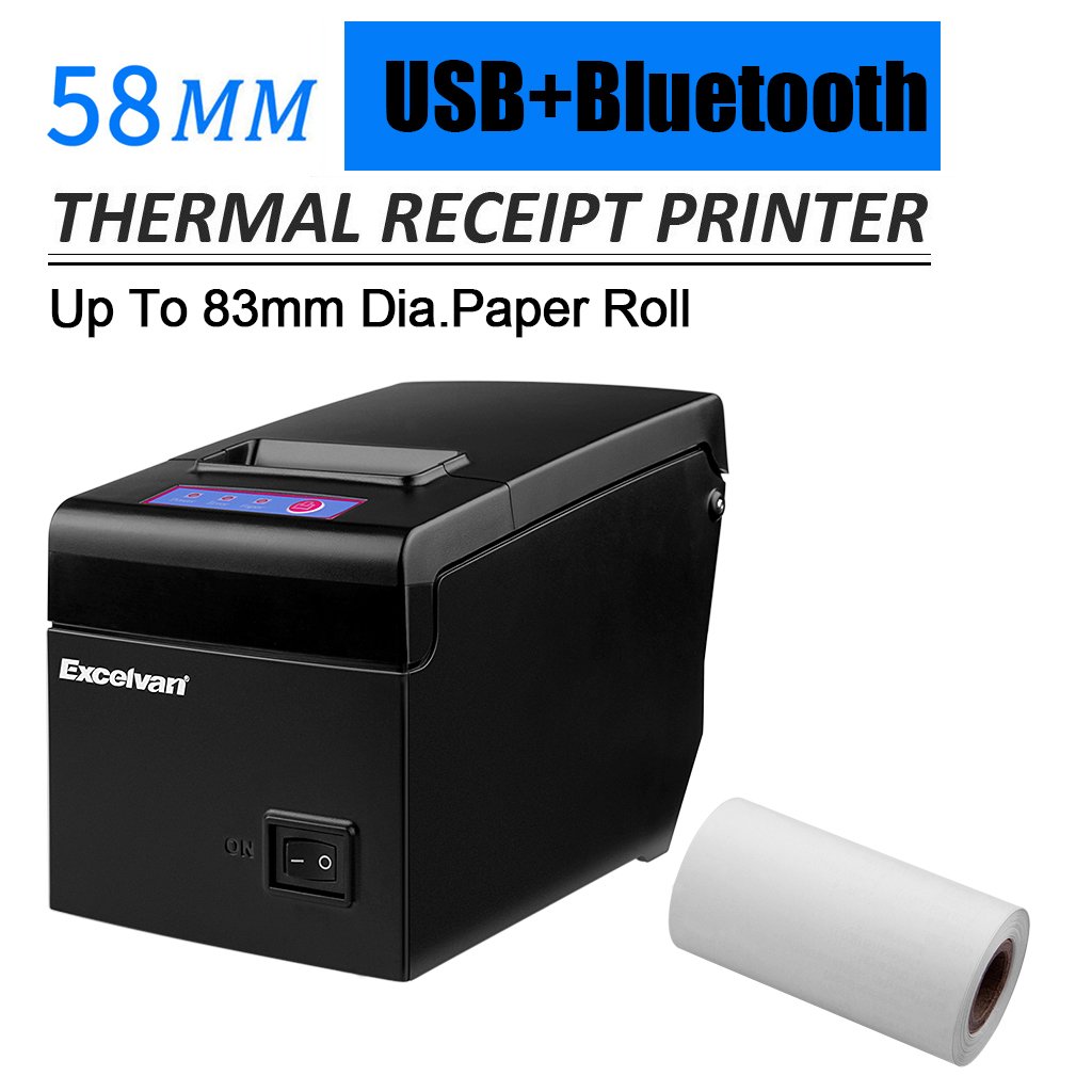 Excelvan E58 - Bluetooth Impresora Térmica de Recibos y Tickets (58mm, Android, iOS, Windows, Linux, 130mm/s, ESC/POS, USB), Negro
