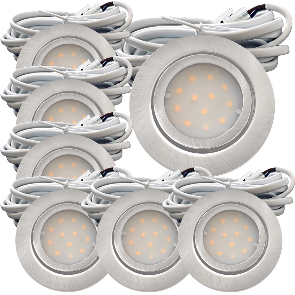 7er Set LED Möbel Einbauspots 12V IP44 – 2W, 160lm – Edelstahl gebürstet Finish – extra flach, 22mm Tiefe – 54 bis 60mm Bohrloch – 3000K Warmweiß – 2m Kabel mit AMP Stecker – für Küche, Bad, Schränke