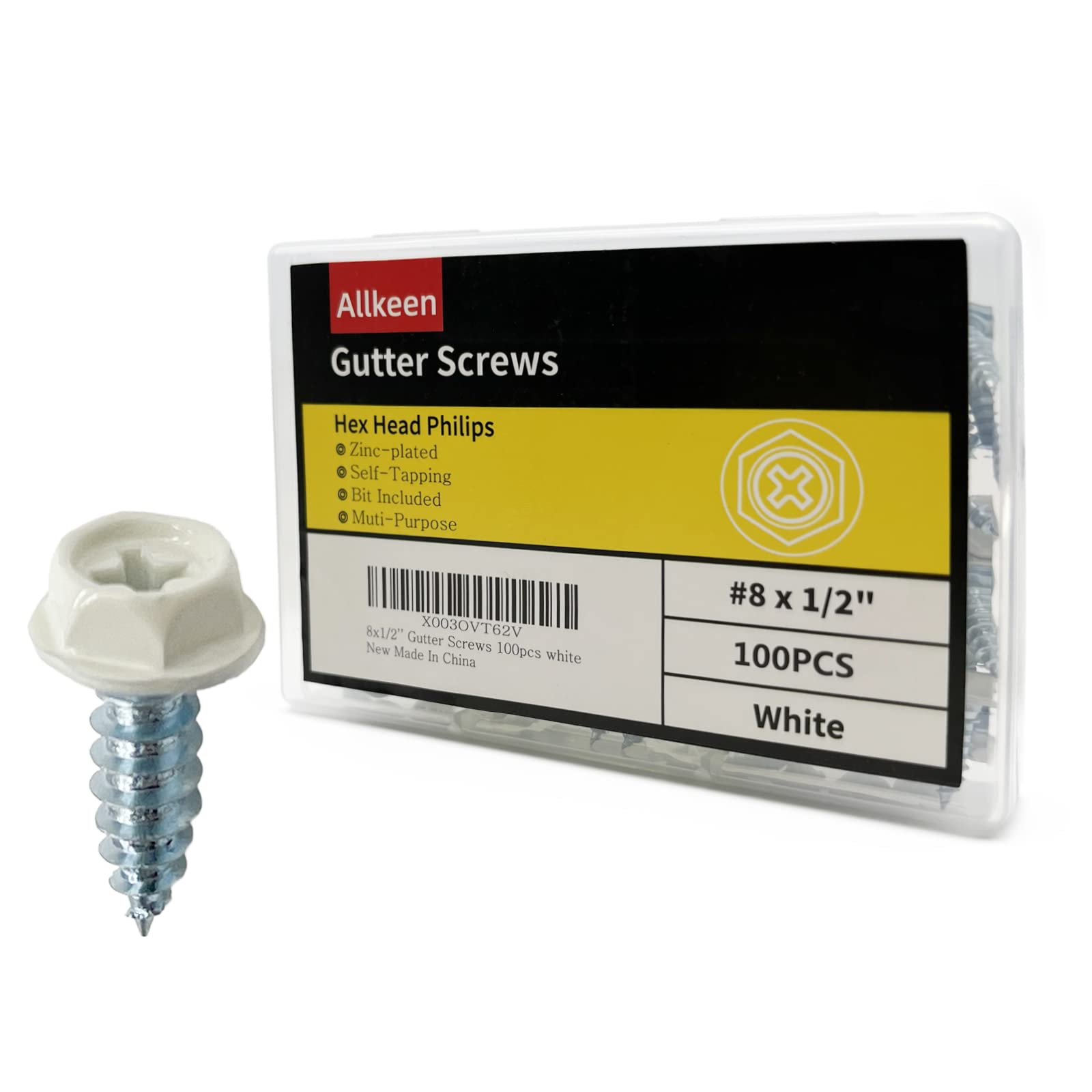 #8 x 1/2" Self-Tapping Gutter Screws White Painted Hex Head Zinc Plated Finish, 100 Pieces, 1/4" Magnetic Driver Included