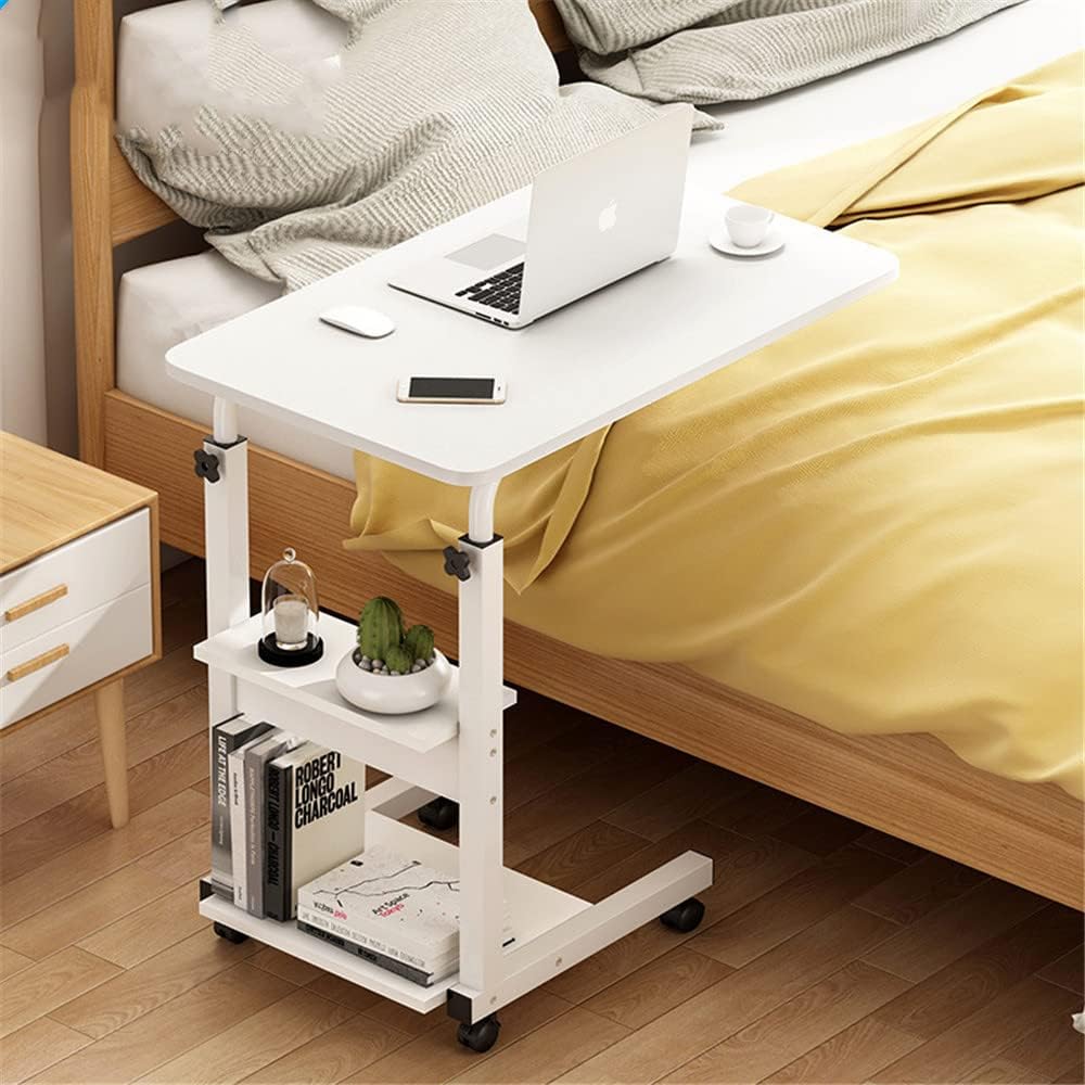 WANLIAN Side Table C Shaped End Table with Lockable Wheels Height Adjustable Mobile Couch Desk Table,Sofa Bedside Laptop Stand TV Tray with Storage Shelves, Snack Side Table (White)