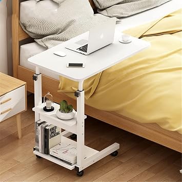 WANLIAN Side Table C Shaped End Table with Lockable Wheels Height Adjustable Mobile Couch Desk Table,Sofa Bedside Laptop Stand TV Tray with Storage Shelves, Snack Side Table (White)