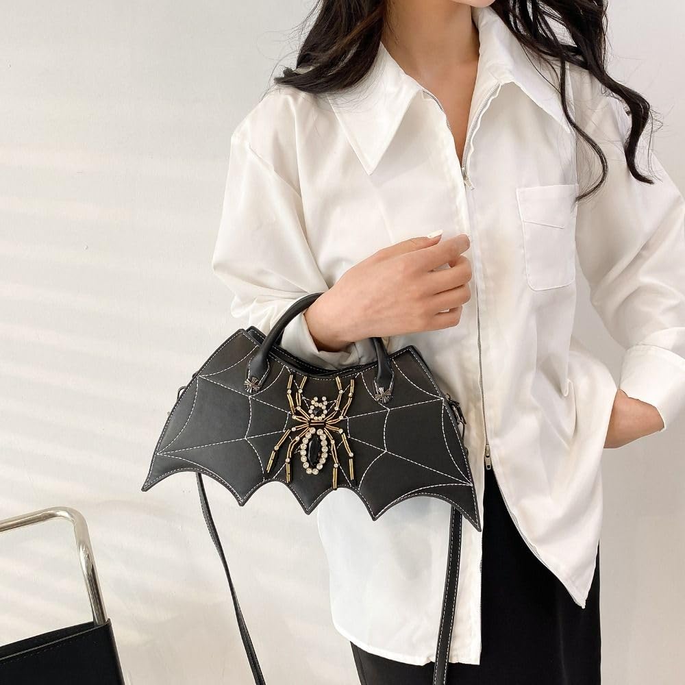 Borsa a tracolla con ali di pipistrello, borsa a tracolla in pelle PU con ragnatela divertente gotica da donna