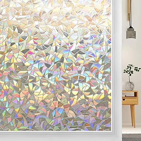 DOWELL Rainbow Window Film Privacy Stained Glass Window Film Non-Adhesive 3D Static Cling Window Film Removable Vinyl Decorative Window film Rainbow Effect Anti UV for Home Office 44.5 x 200 cm Cover