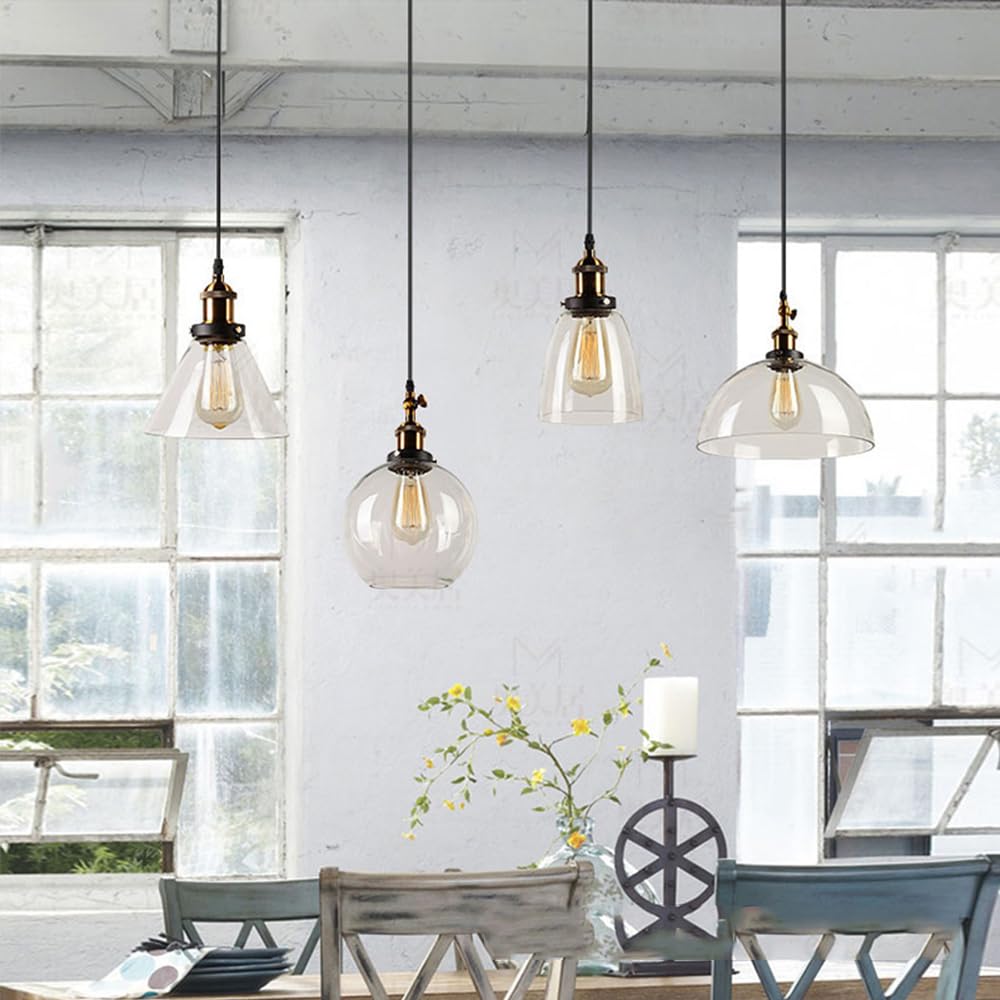 Retro Lampada a sospensione in vetro Lampada da soffitto per cucina con ombrello in vetro Lampadario regolabile Base E27 plafoniera Soffitto paralume per bar ristorante corridoio cucina Soggiorno (D)