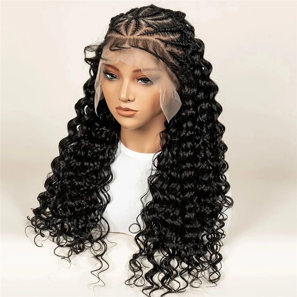 Parrucche intrecciate for donne nere, parrucca riccia con treccine, capelli sintetici Glueless con frontale in pizzo da 24 pollici, completamente bob Soffice e Naturale