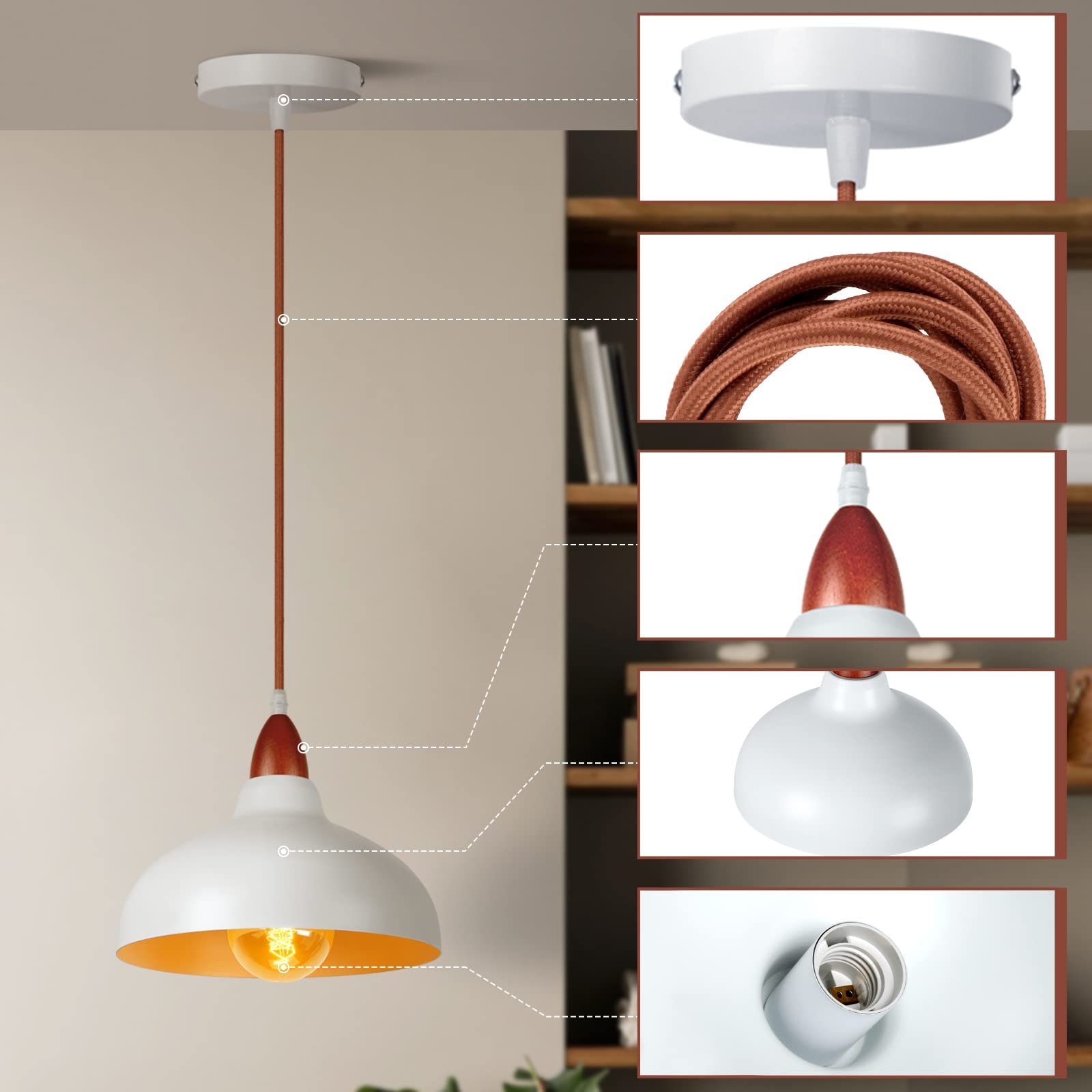 Lampadario Sospensione Moderno Con Paralume Bianco E Dettaglio Legno - 2 Pezzi