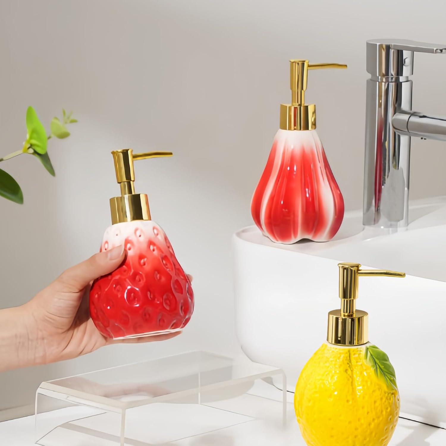 Lemon Ceramic Soap Dispenser, Gold Pump, 10.5oz