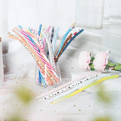 Miniatura 4 de SUBANG Paquete de 50 popotes reutilizables doblados, sin BPA, 9 pulgadas, de plástico duro colorido, a rayas, para vaso, uso familiar o de fiesta,